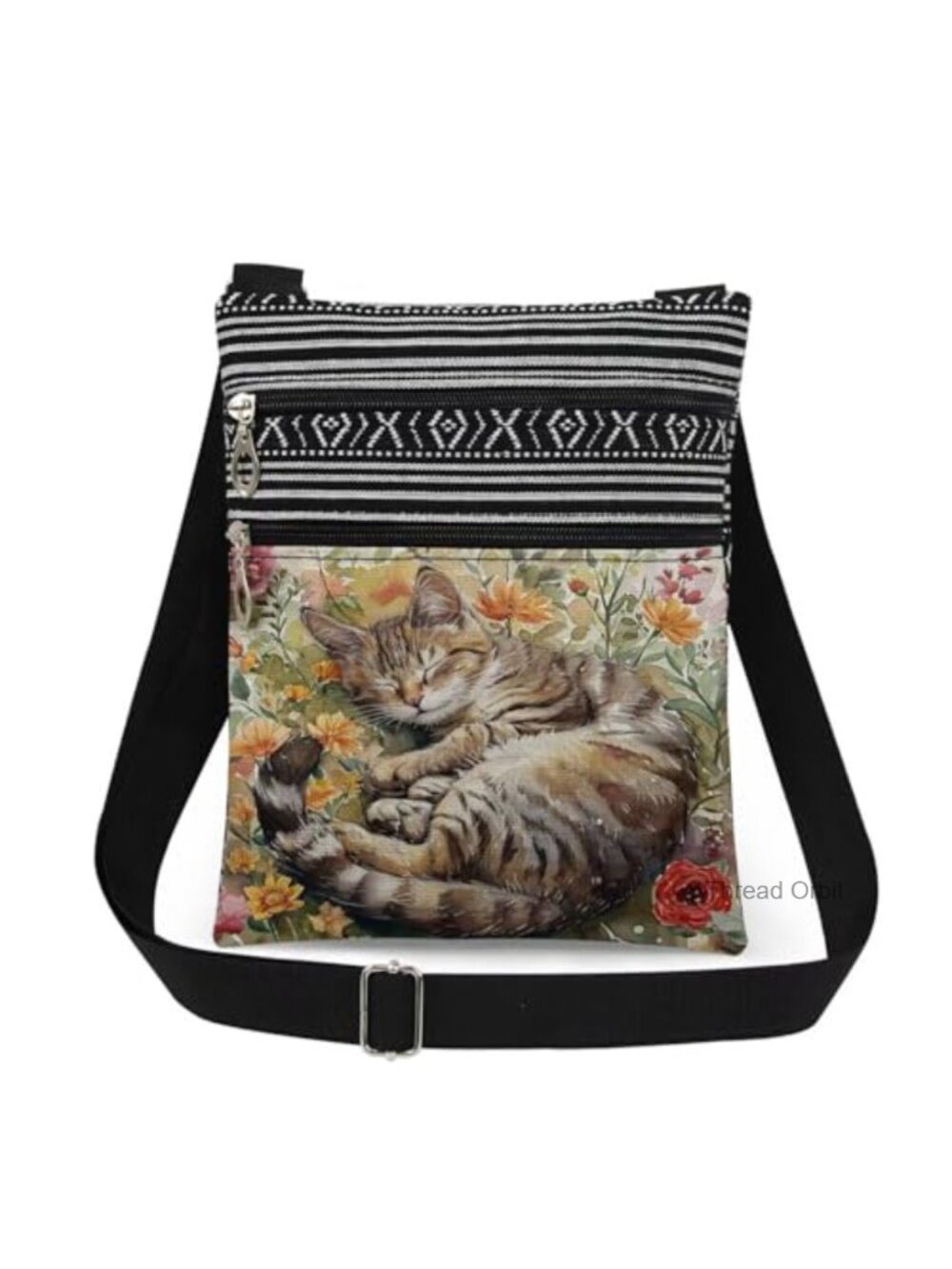 Cat Crossbody Bag Polyester Slumbering Tabby Kitten Floral Adjustable Strap